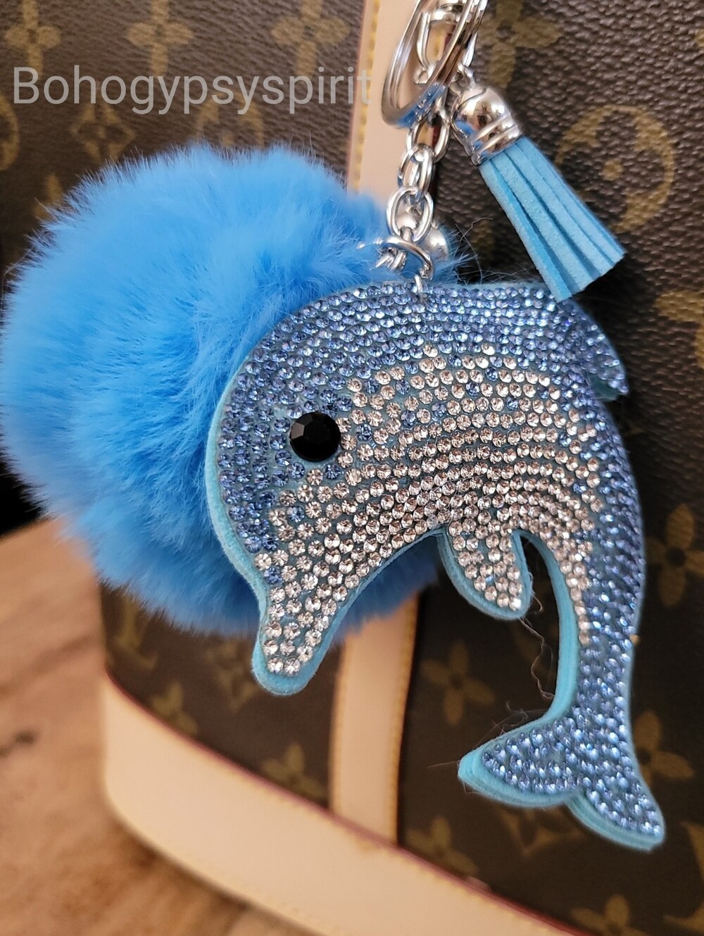 Bling Rhinestone Dolphin Pom Pom Tassel Keychain Bag Charm
